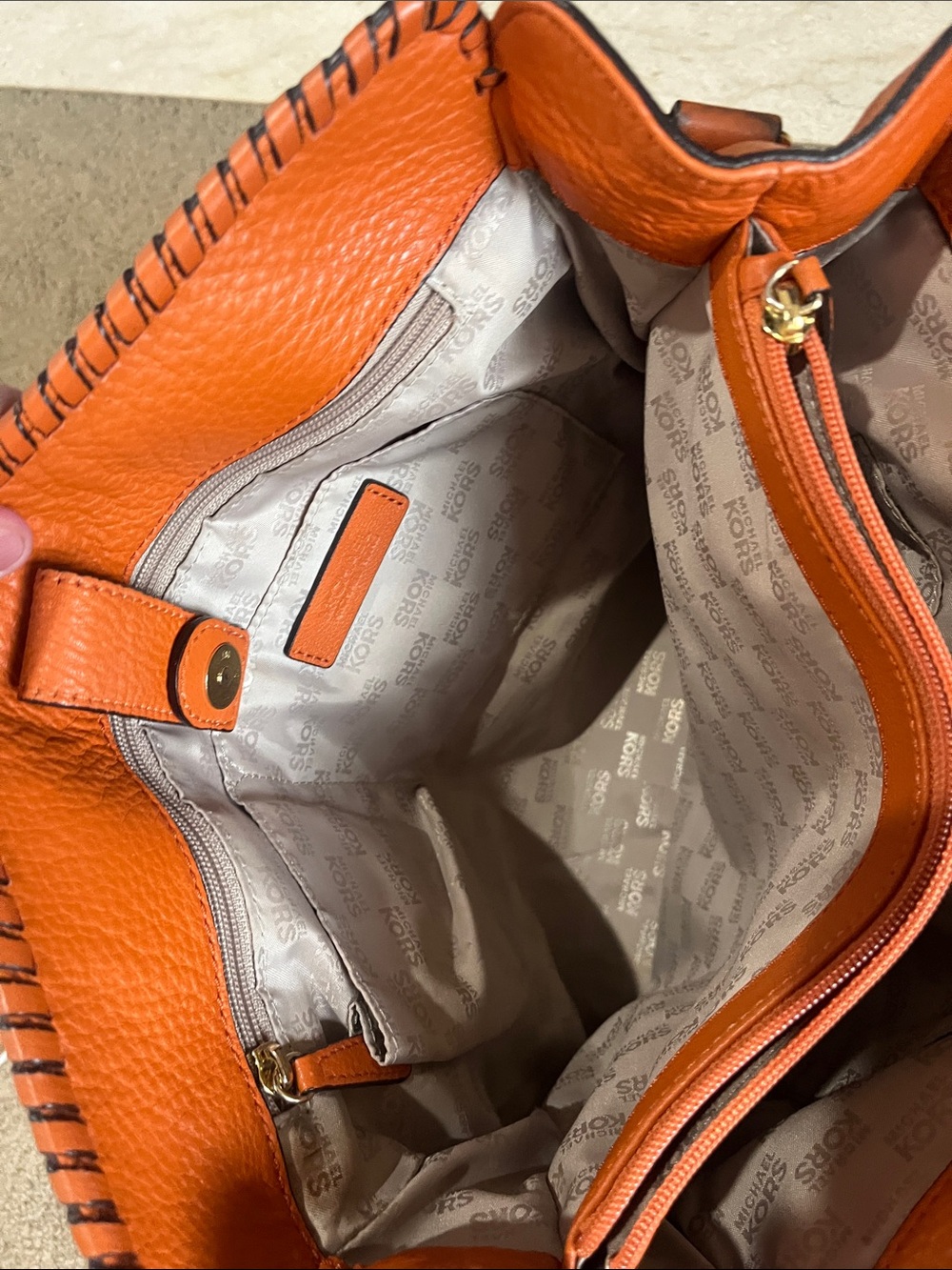 Michael Kors Orange Soft Pebbled Leather Hamilton Tote with Whipstitch Trim - Picture 9 of 11